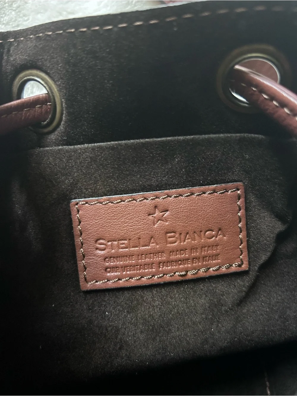 Stella Bianca Brown Italian Leather Brass Studded Drawcord Bucket Crossbody Bag